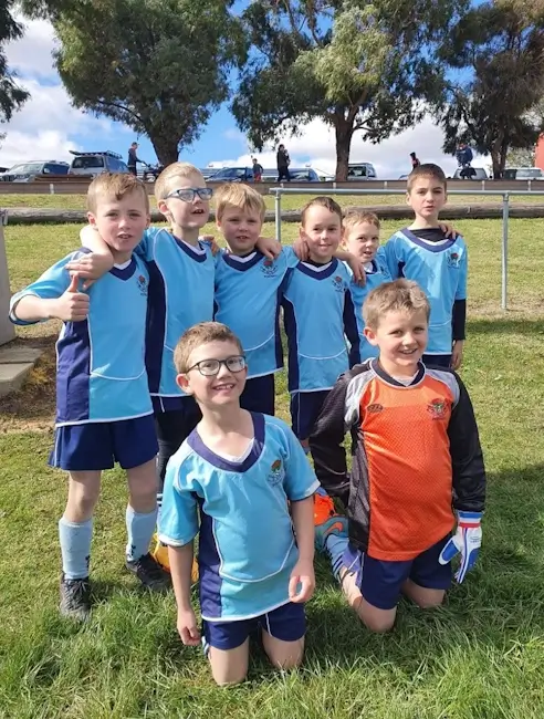 Eight junior soccer players in light blue on grass